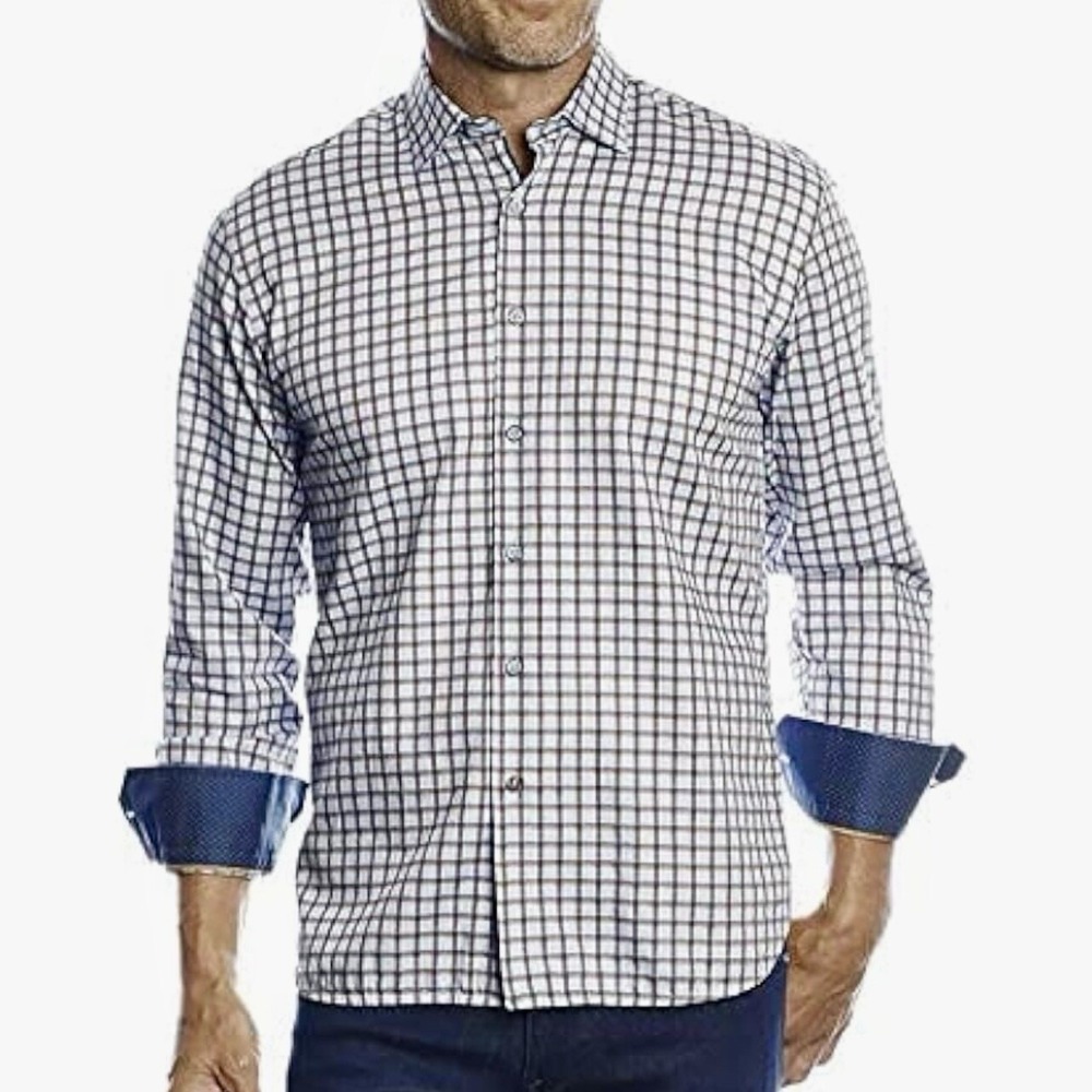 LUCHIANO VISCONTI BLACK Dress Shirt Plaid Button Up Blue Flip Cuff Men's Medium